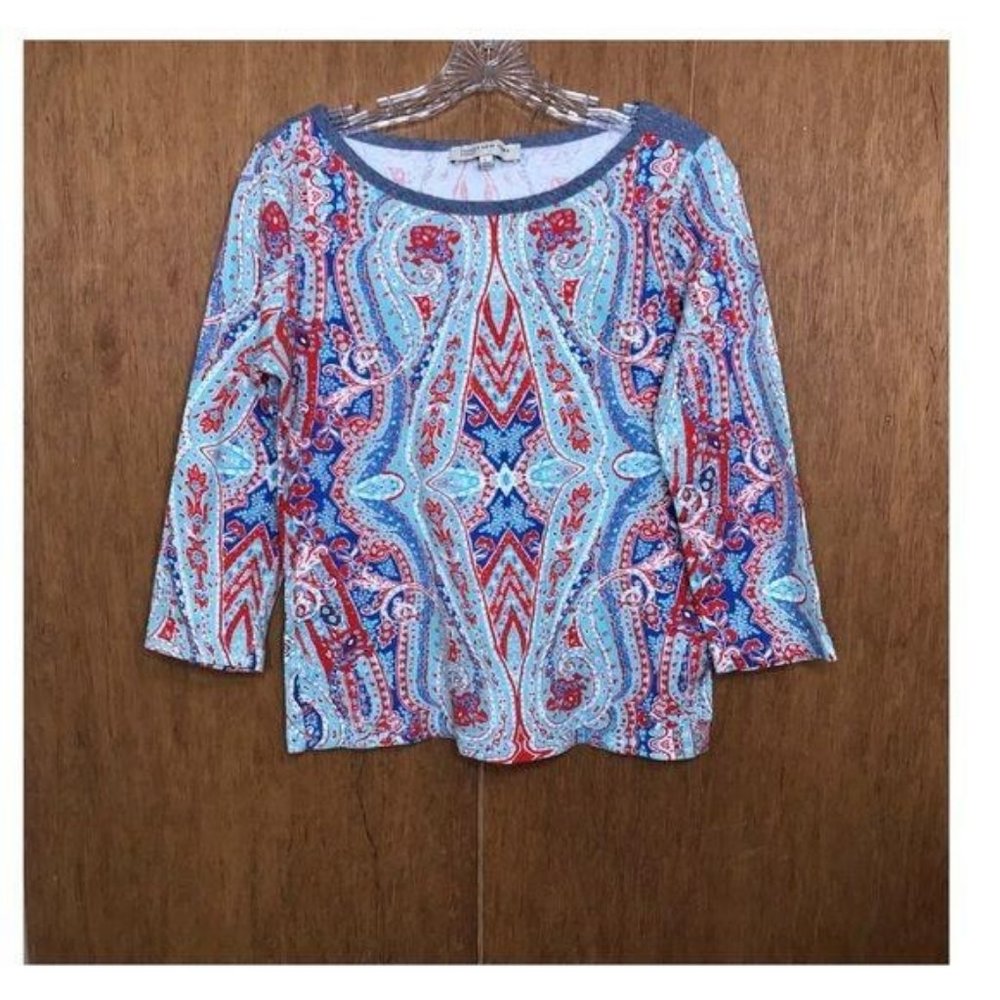 Jones New York Sport Blue Red Large Boho Print Top